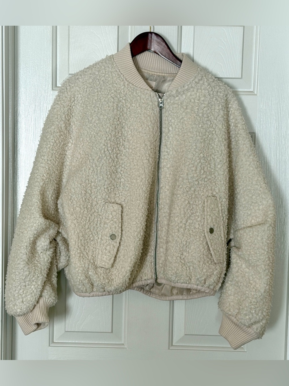 Anthropologie Womens Large Sherpa Jacket Cream Teddy Fleece Cropped Zip Coat - Picture 4 of 14